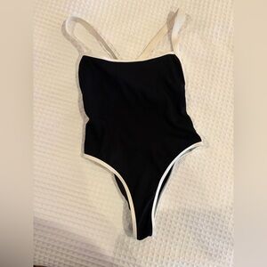 L*Space Ribbed Baewatch One Piece Swimsuit, Cream and Black, Classic Coverage